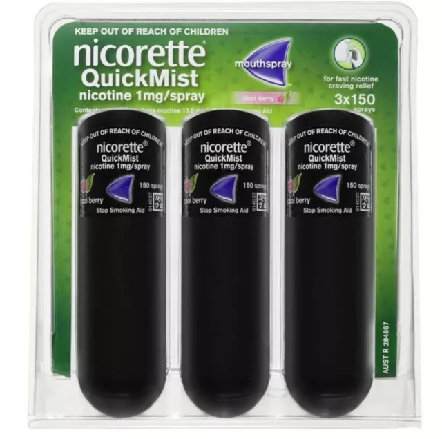 2 × Nicorette Quit Smoking QuickMist Mouth Spray Cool Berry Triple 150 Sprays (1