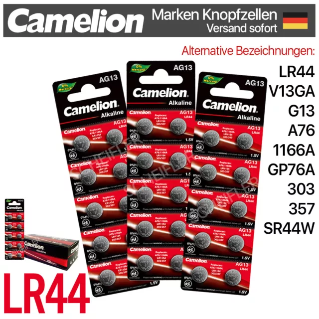 AG13 LR44 SR44W 357 GP76A V13GA G13 A76 Knopfzellen Camelion MHD bis 10-2028