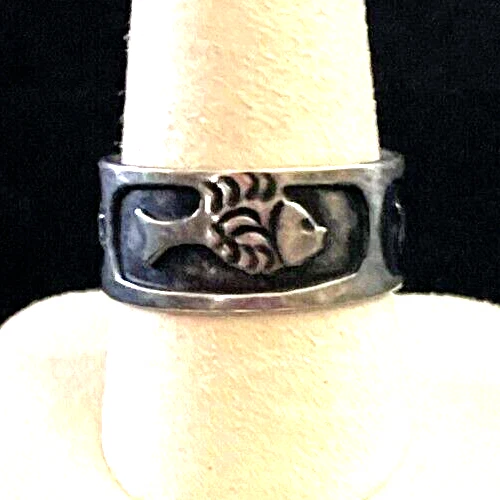 VTG Taxco Mexico Sterling Ring Eagle 3 EMA Oxidized Fish Band Size 8.5, 3g JCS
