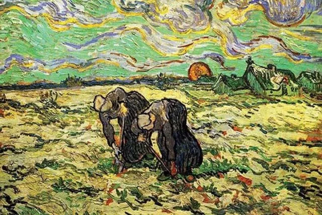 Two Peasant Women Digging in Field with Snow by Vincent van Gogh - Art Print