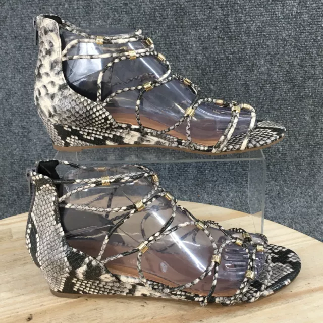 Aldo Sandals Womens 8.5 Heels Snake Print Ankle Strappy Black Leather Back Zip