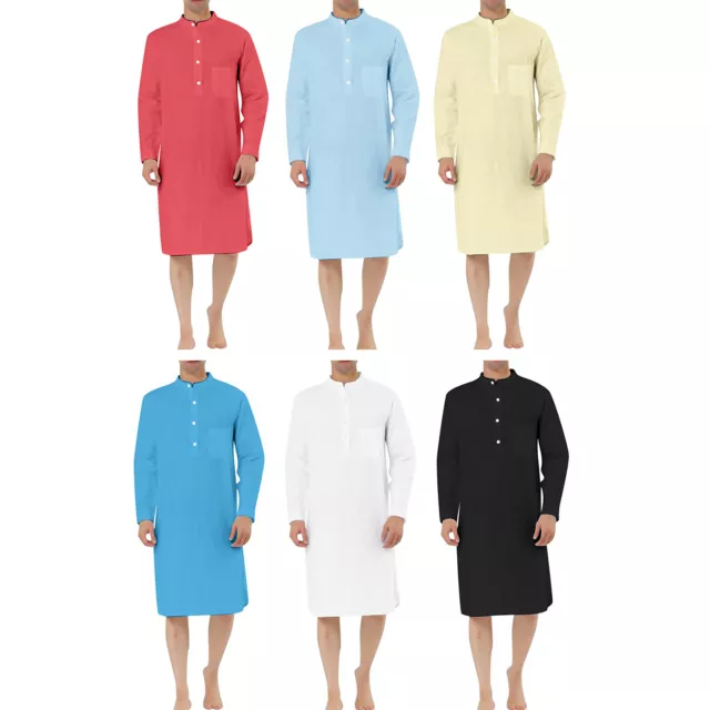 Mens Robes Daily Life Muslim Robe Knee Length Shirt Side Split Long Gown Casual
