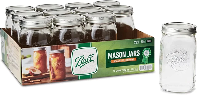 LAIBY Ball Wide Mouth Mason Jars with Lids 32 Oz (Set of 12 Jars) | Ball Canning