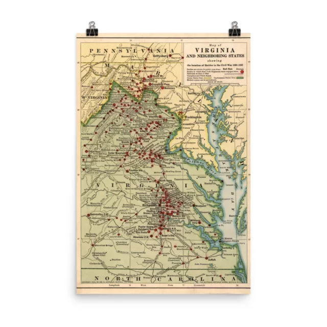 Vintage Virginia Civil War Battlefields Map (1863) Old VA Battles Poster