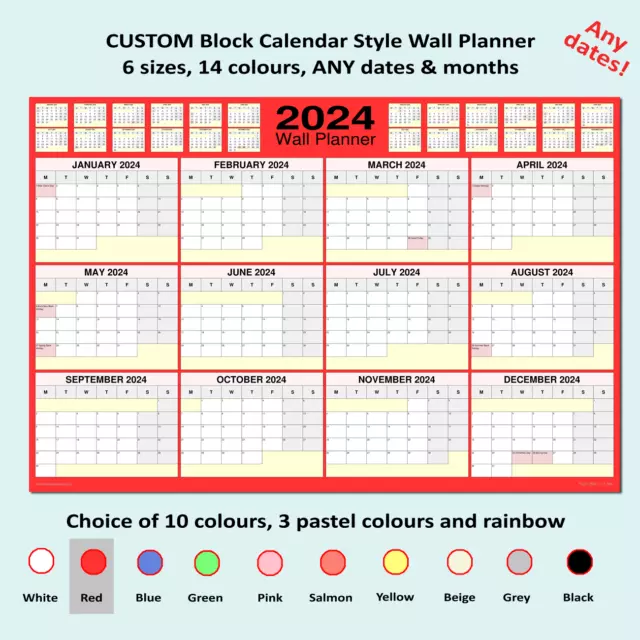 CUSTOM block calendar wall planner ANY date & num. of months 14 cols 6 sizes [F]