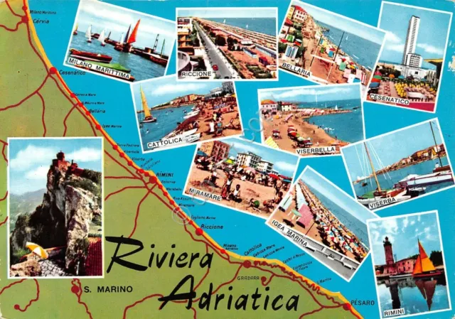 Cartolina Riviera Adriatica 11 vedute su mappa provincia di Pesaro