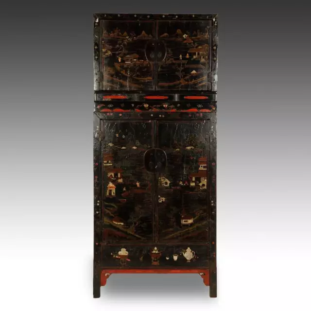 Fine Antique Chinese Shanxi Lacquered Elm Wood Compound Cabinet China 19Th C