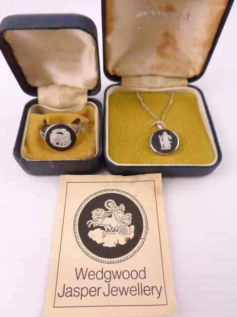 Vintage 1977 Wedgwood Black Jasper Ring (Sz O) & Matching Pendant Original Boxes