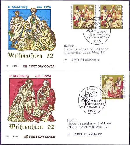 BRD 1992: Weihnachten! FDC Nr. 1639+1640! Gelaufen! Bonner Sonderstempel! 1810