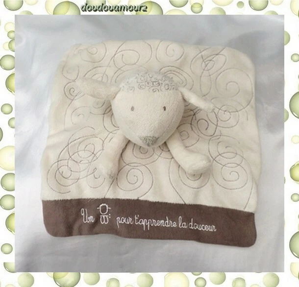 Doudou Plat Carré Mouton Agneau Blanc Marron Taupe Spirales Obaibi