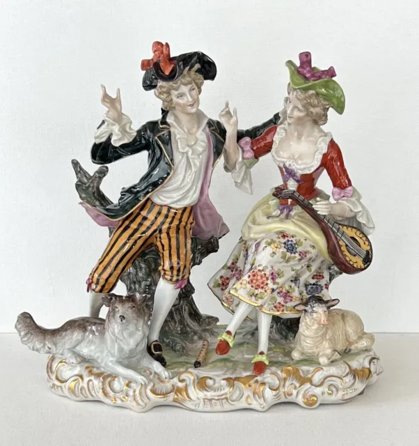 LARGE Dresden Carl Thieme Porcelain Figural Group Couple Lamb & Dog Figurine 9”H