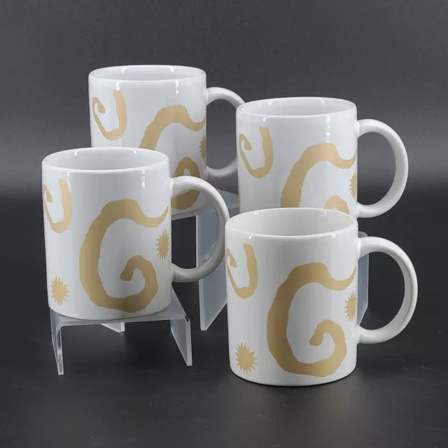 Oscar de la Renta Coffee Cups Mugs White Gold Swirl Set Of 4