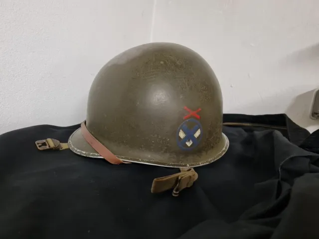 US M1 Helm front seam fixed bale mit Emblem XV 15. Corps Artillery Stahlhelm WW2