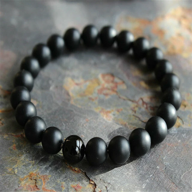 8mm Frosted Black Agate Gemstone Mala Bracelet 7.5inches Handmade Chakas Sutra