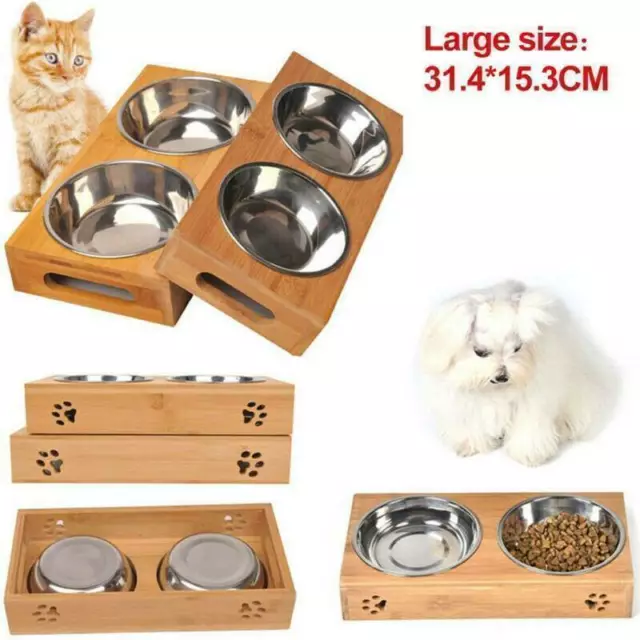 Dog Food large Feeding Stand Station Stainless Pet Double Bowls Stand Cat Wooden