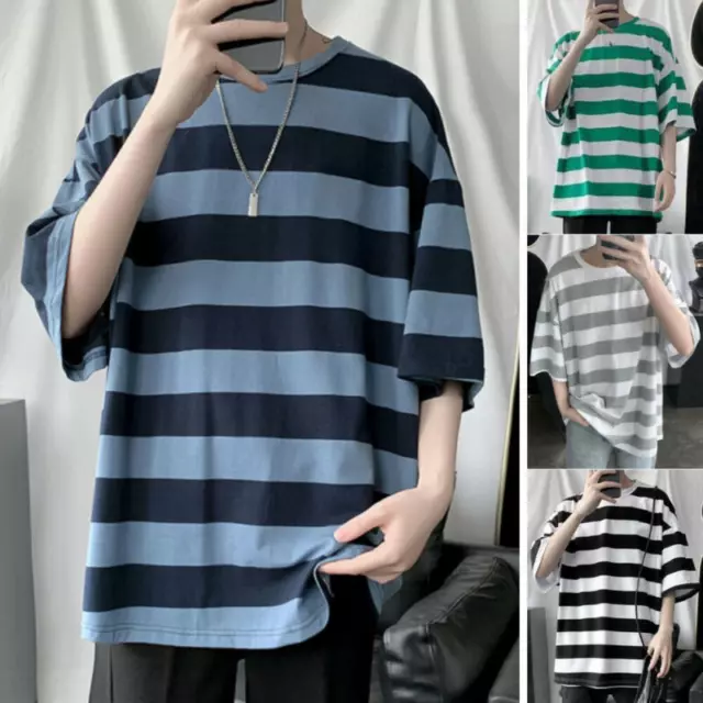 Men Crew Neck Short Sleeve Wide Striped T-Shirts Casual Loose Blouse Tee Tops