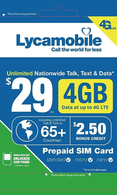 Lycamobile $29 Plan 1St Month Included SIM Card Is Triple Cut Unlimited Natl Tal