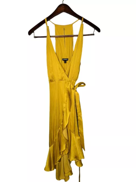 Express Women's Satin Dress Wrap Sleeveless Tie Mustard Yellow Ruffle Size