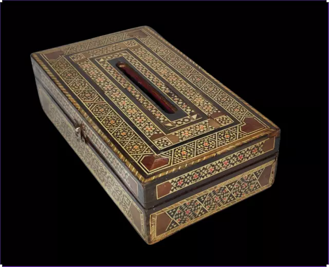 An Old Damascus Mosaic Tissue Box, Vintage 1940-1960 Great Inlay Marquetry 3