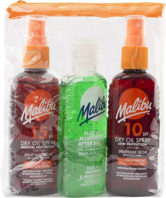 Malibu Essential Travel Pack - Protezione solare spray olio secco + set gel dopo sole