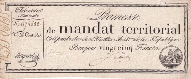 25 Francs - Mandat Territorial sans série - 28 Ventose An IV (18.03.1796) - TTB