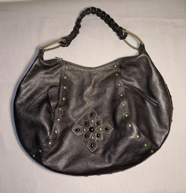 Eric Javits black leather studded ornate intricate hobo shoulder bag purse large