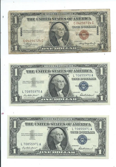 1935a $1 Silver Certificate HAWAII and two 1957 Block L-A consecutive One Dollar