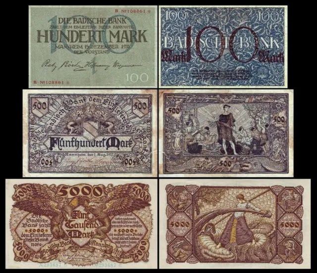 100, 500, 5.000 Gulden - Badische Bank Ausgabe 1918 - 1922 - Reproduktion