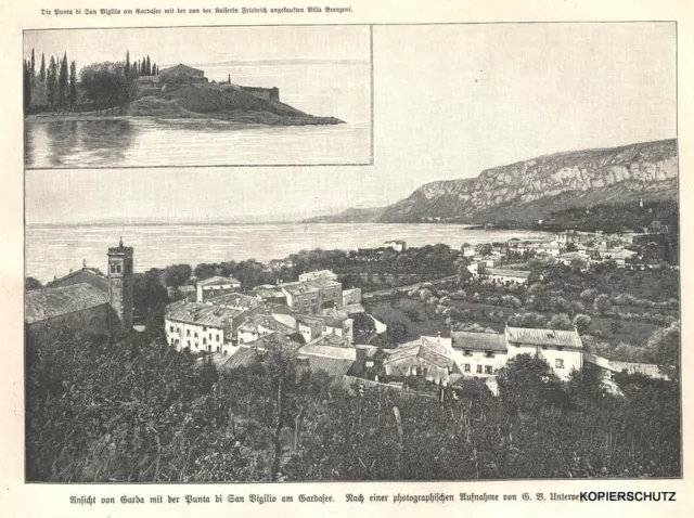 "Ansicht von Garda m.d.Punta di San Vigilio a.Gardasee"Orig. Holzstich von 1899