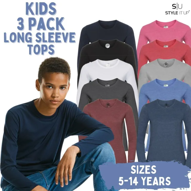 Kids Boys Girls 3 Pack Long Sleeve Tshirts Tops Plain Jersey Crew Neck Casual