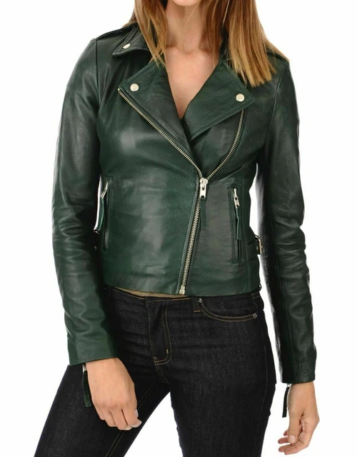 Donna & Ragazze 100% Vera pelle D'Agnello Motore Biker Giacca Slim Fit Verde