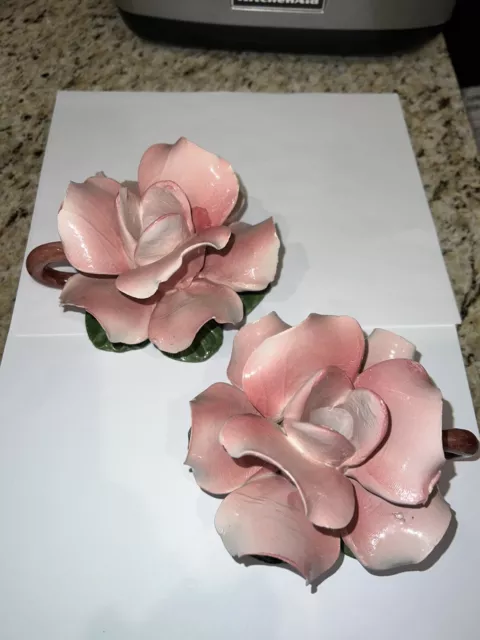 Capodimonte Italian Made Porcelain Muted Pink Rose Flower Leaves Beautiful Pair