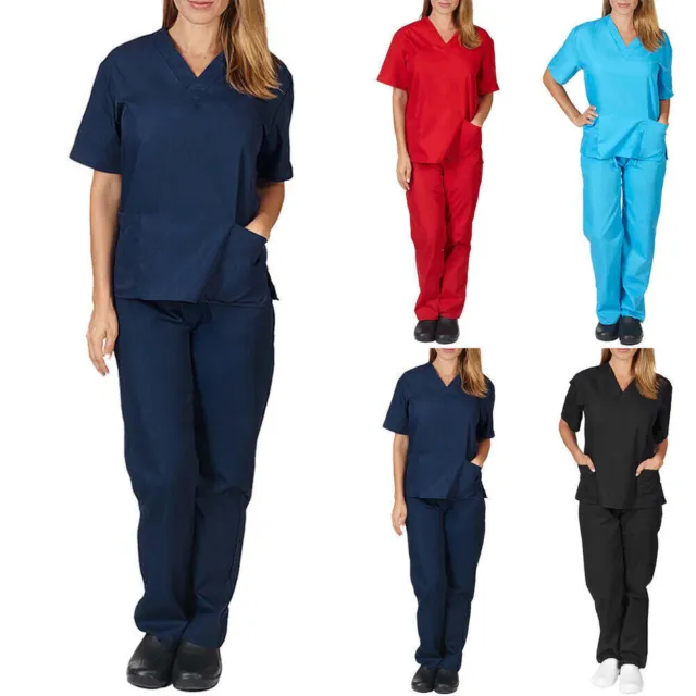 Ladies Medical Scrub Blouse Top Pants Set Doctors Nurse Uniform Dentist Hospital