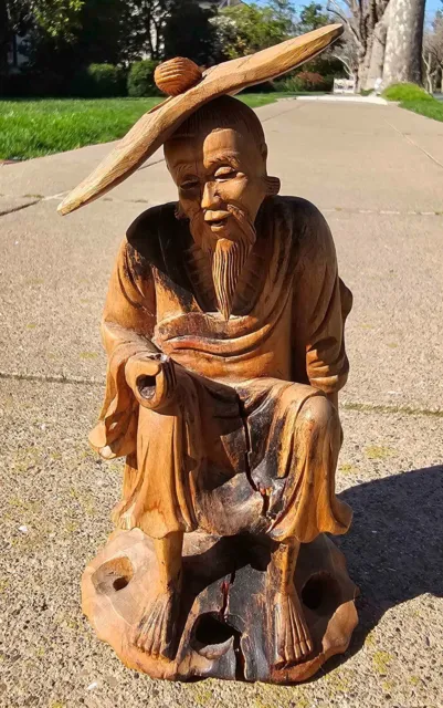Vintage Chinese Carved Elm Wood Statue Figurine Fisherman Wearing Removeable Hat
