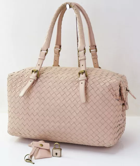 Auth. BOTTEGA VENETA Pink Woven Leather Boston Tote Shoulder Bag Purse #52602