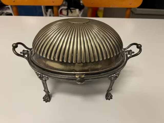 Antique Silver Plated Roll Top Domed Food Warmer / Tureen with Claw Feet