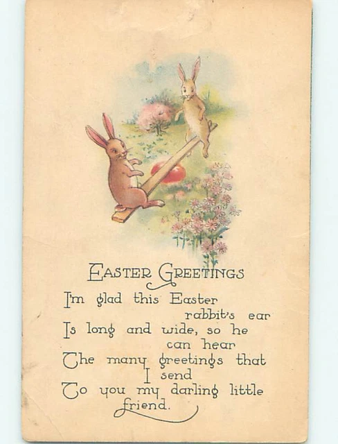 Bent Corner Divided-Back Easter HUMANIZED BUNNY RABBITS ON TEETER TOTTER o6217