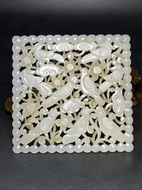 Chinese Exquisite Handmade Flowers and Bird carving Hetian Jade Statue Plate