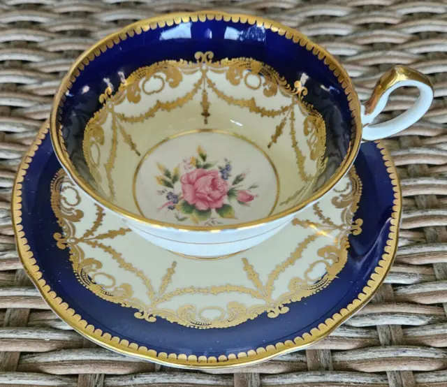 AYNSLEY Heavy Gold Swags Cobalt Blue Teacup and Saucer Set Vintage Rare