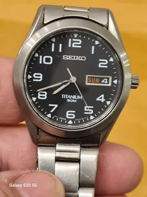 SEIKO TITANIUM WATCH Black Dial Day Date With Bracelet 7N43-0AB0 Rare ...