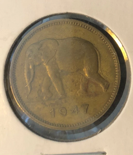 1947 Belgian Congo 5 Francs Brass Coin -KM#28