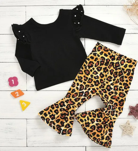 2Pcs Toddler Kids Baby Girls Outfits T-Shirt Tops + Leopard Flared Trousers Set 2