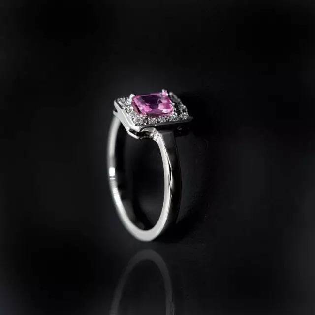 Natural Emerald Cut Pink Sapphire and White Topaz 925 Sterling Silver Ring