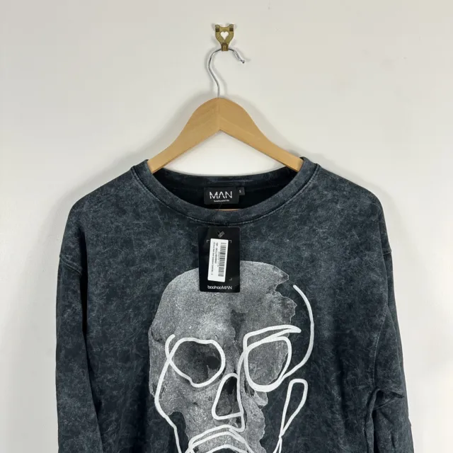 Men's BoohooMAN Oversized Acid Wash Skull Charcoal Grey Sweatshirt Small