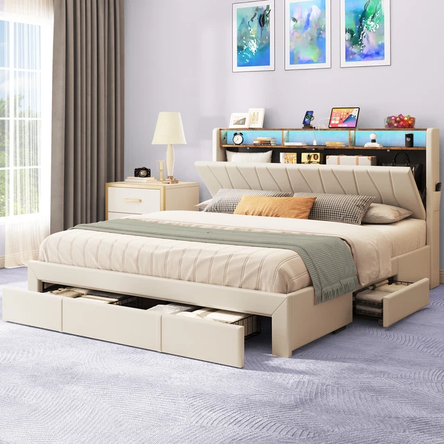 KING SIZE BED Frame LED Storage Platform with Upholstered Headboard &4 ...