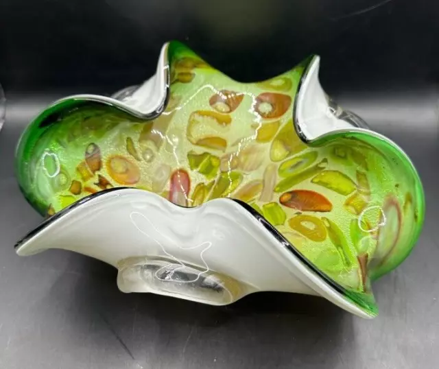 Murano AVEM Tutti Frutti Art Glass Bowl Ca 1950s 8 x 3.5 inches Green Bronze