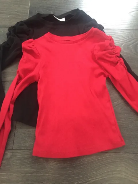 BNWOT Girls Matalan Long Ruched Sleeve Jersey Rib Tops Black Red 4 Years