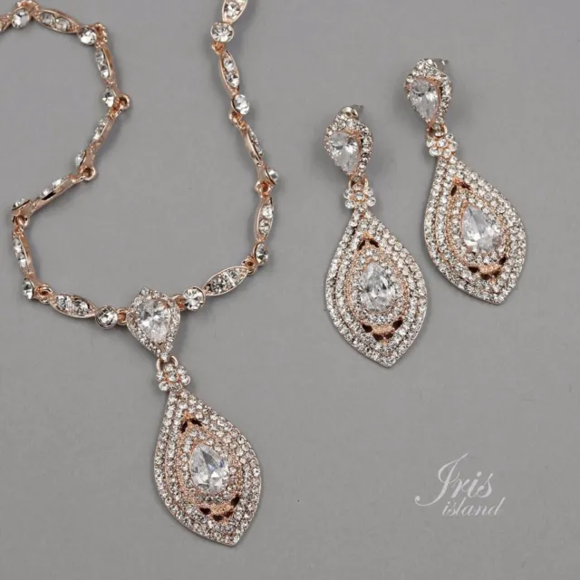 Rose Gold Plated Crystal CZ Necklace Pendant Earrings Wedding Jewelry Set 09951