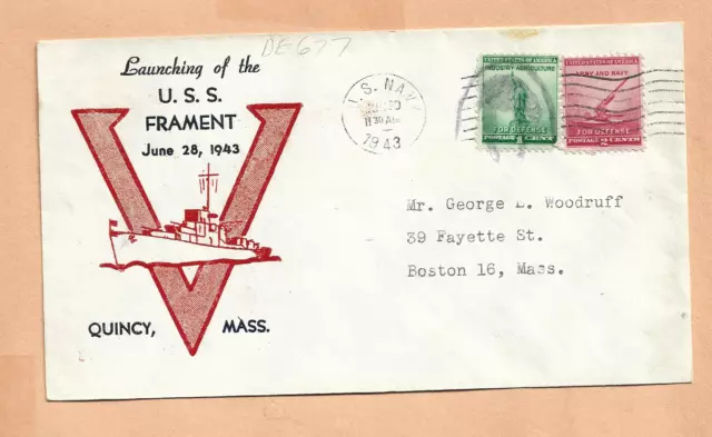 U.s.s.  Frament Launching Jun 28,1943 Quincy Mass  Naval Cover