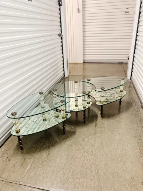 Set of 3 MCM Hollywood Regency Eglomisé Tiered Glass Tables by Goran